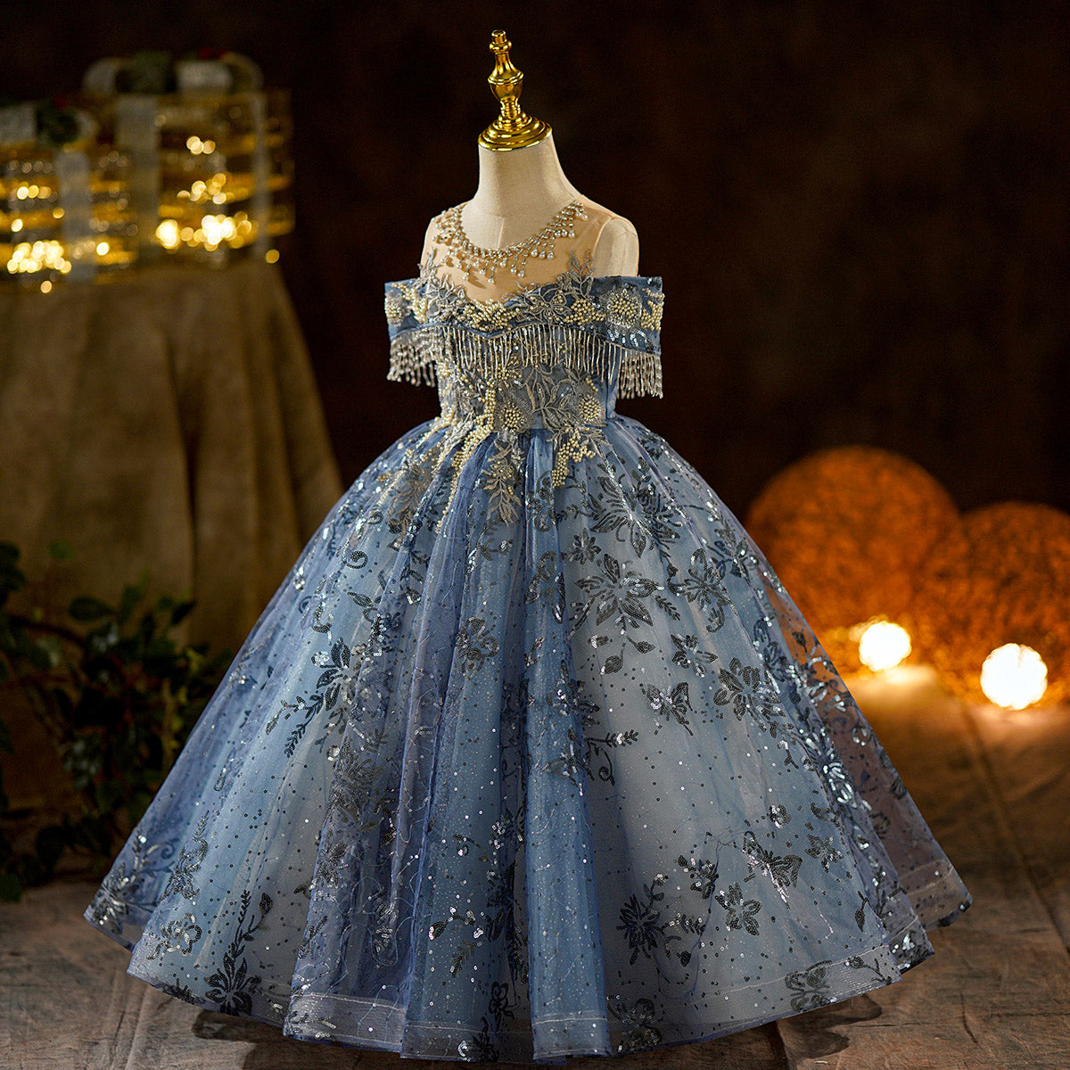 Luxury Blue Sequin Ball Gown Dress for Girls, Formal Party and Birthday Outfit
