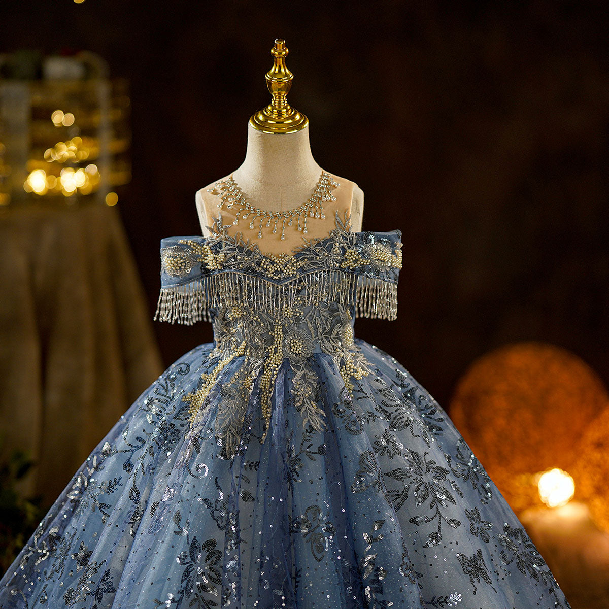 Luxury Blue Sequin Ball Gown Dress for Girls, Formal Party and Birthday Outfit