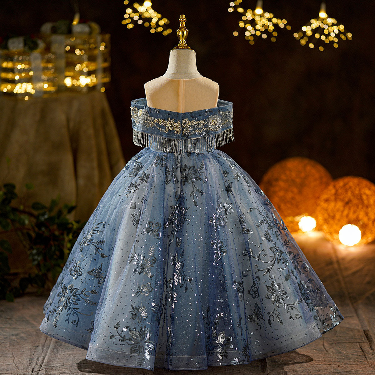 Luxury Blue Sequin Ball Gown Dress for Girls, Formal Party and Birthday Outfit
