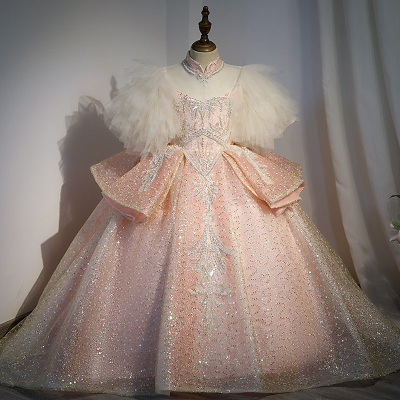 Luxury Pink Sequin A-Line Birthday & Pageant Dress for Girls
