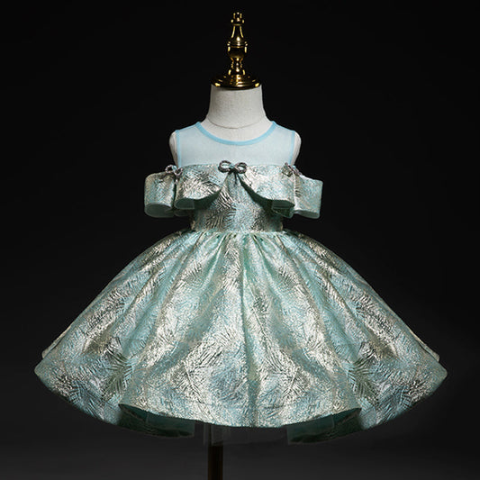Mint Green A-Line Flower Girl Dress: Cold Shoulder Ruffle