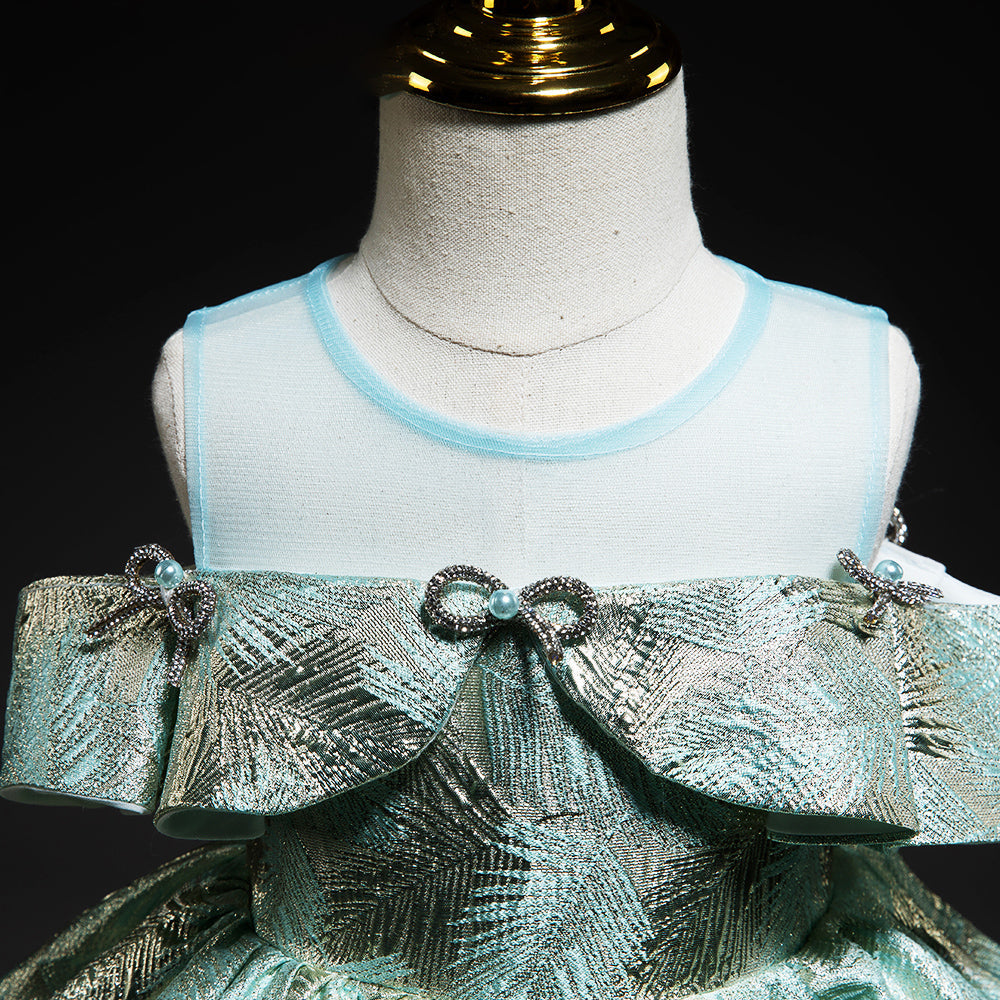 Mint Green A-Line Flower Girl Dress: Cold Shoulder Ruffle