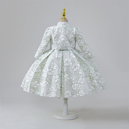 Mint Green Satin A-Line Flower Girl Dress - Floral Long Sleeve