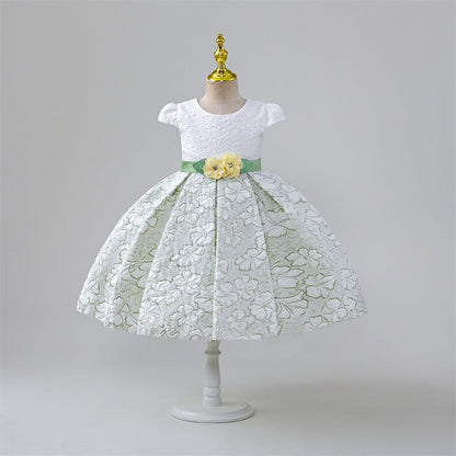 Mint Green Satin A-Line Flower Girl Dress - Floral Long Sleeve