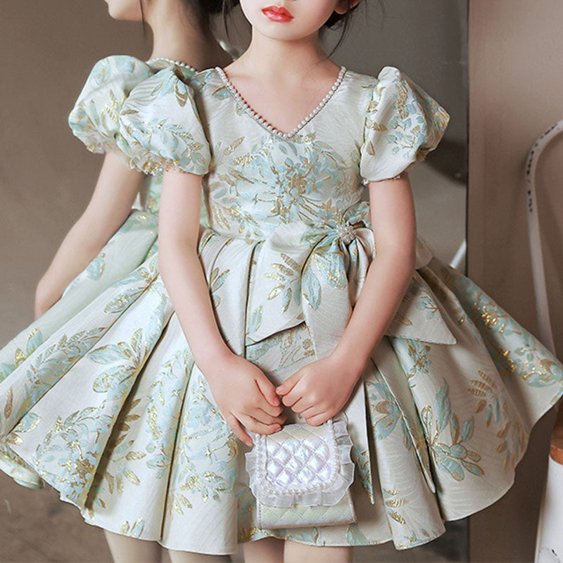 Mint Green Satin Princess Flower Girl Dress Bow Ruffle Knee