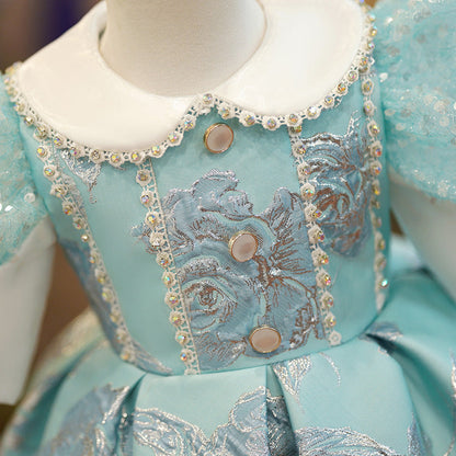 Mint Green Satin Princess Flower Girl Dress Lace Collar