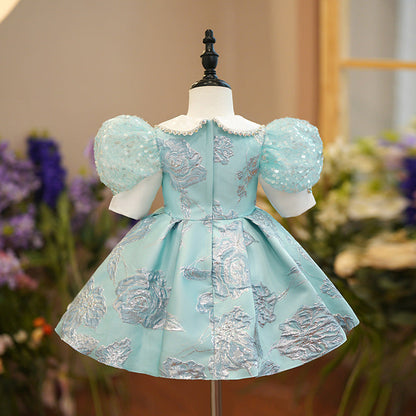 Mint Green Satin Princess Flower Girl Dress Lace Collar