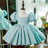 Mint Green Satin Princess Flower Girl Dress Ruffle Pleated Bow