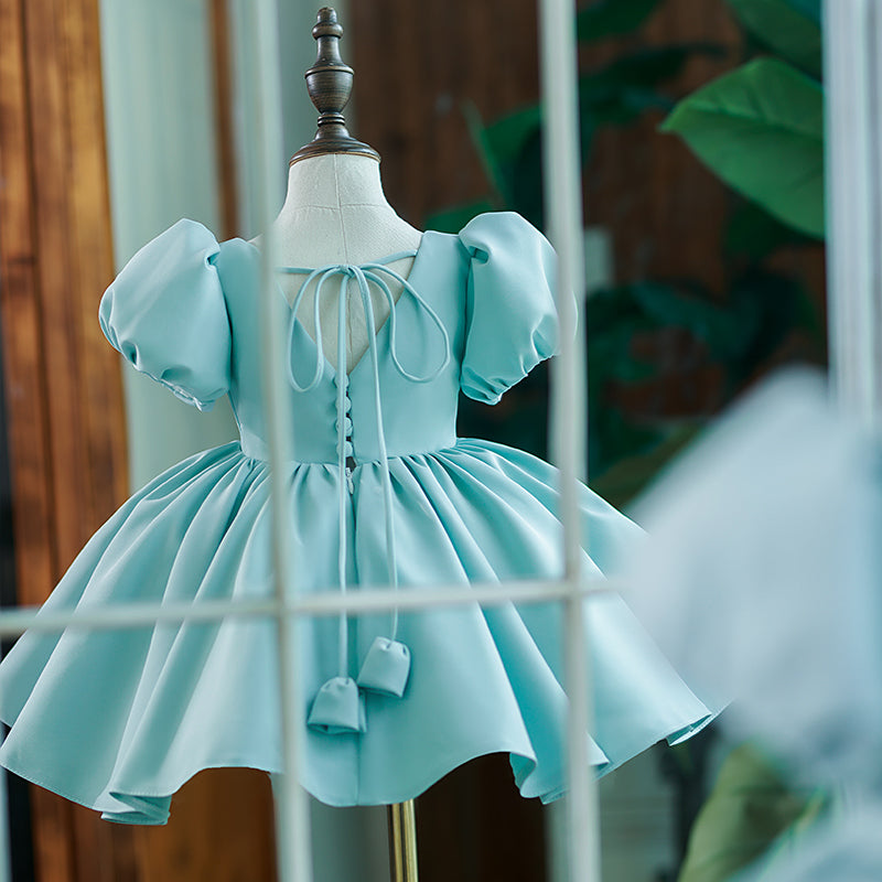 Mint Green Satin Princess Flower Girl Dress Ruffle Pleated Bow