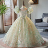 Mint Green Sequin A-Line Flower Girl Dress with Puff Sleeves