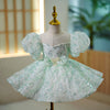 Mint Green Sequin Princess Flower Girl Dress - Puff Sleeves
