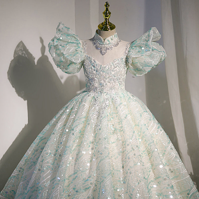 Mint Green Sequined A-Line Flower Girl Dress - Bell Sleeves