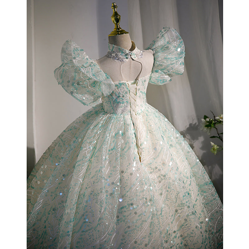 Mint Green Sequined A-Line Flower Girl Dress - Bell Sleeves