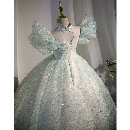 Mint Green Sequined A-Line Flower Girl Dress - Bell Sleeves