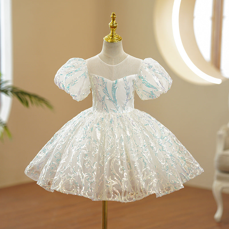Mint Green Sequined A-Line Flower Girl Dress - Puff Sleeves