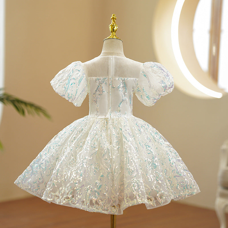 Mint Green Sequined A-Line Flower Girl Dress - Puff Sleeves