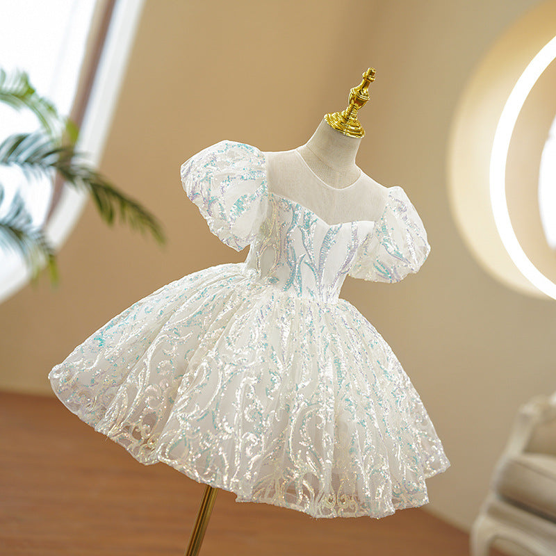 Mint Green Sequined A-Line Flower Girl Dress - Puff Sleeves