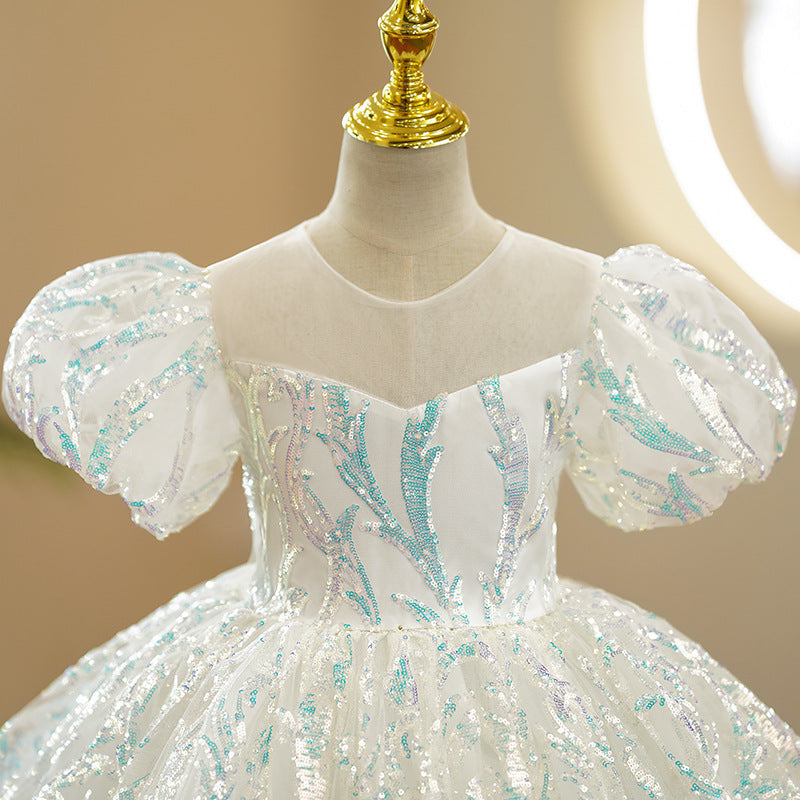 Mint Green Sequined A-Line Flower Girl Dress - Puff Sleeves
