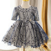 Robe de demoiselle d'honneur bleu marine en dentelle trapèze avec nœud