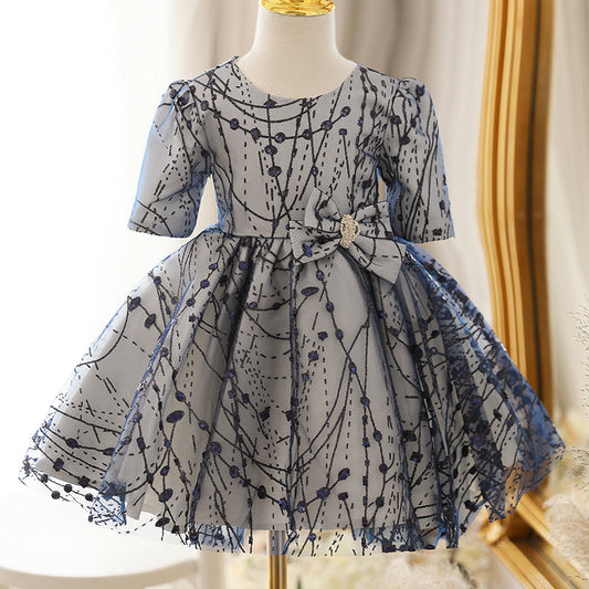 Navy Blue A-line Lace Flower Girl Dress with Bow