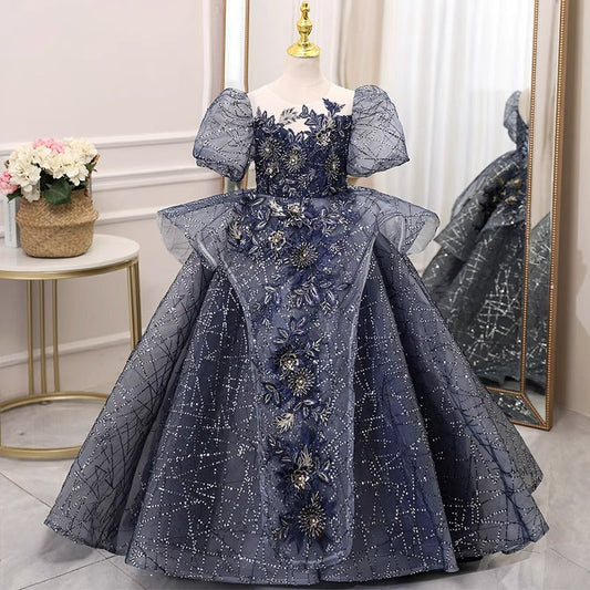 Navy Blue Princess Flower Girl Dress with Illusion Neckline – Organza Tiered Skirt