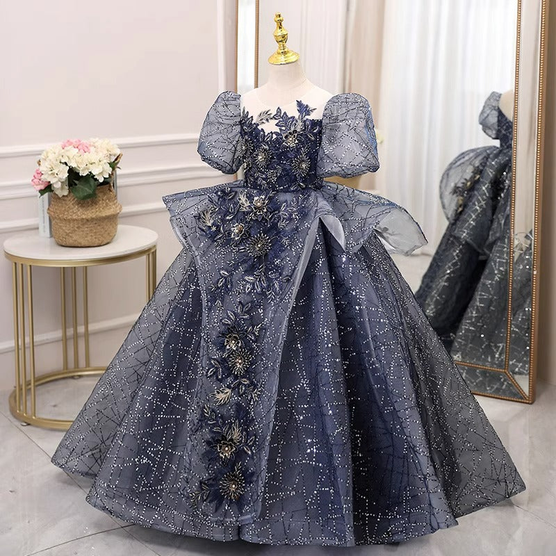 Navy Blue Princess Flower Girl Dress with Illusion Neckline – Organza Tiered Skirt
