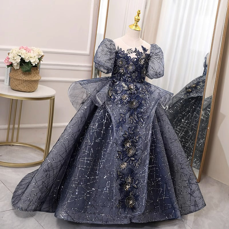 Navy Blue Princess Flower Girl Dress with Illusion Neckline – Organza Tiered Skirt