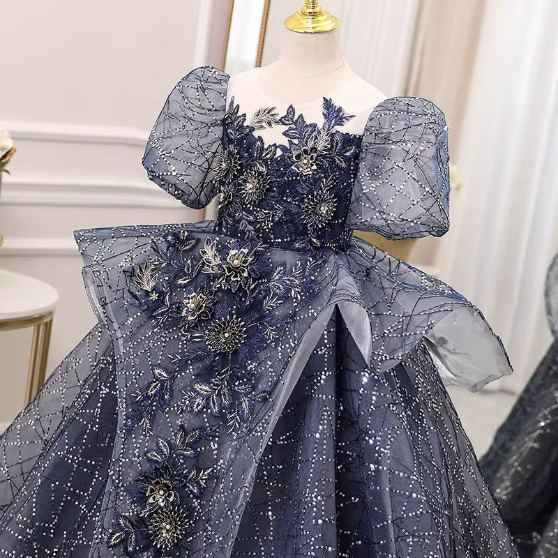 Navy Blue Princess Flower Girl Dress with Illusion Neckline – Organza Tiered Skirt