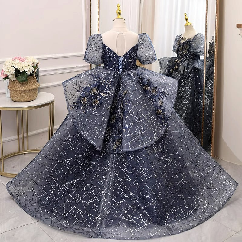 Navy Blue Princess Flower Girl Dress with Illusion Neckline – Organza Tiered Skirt
