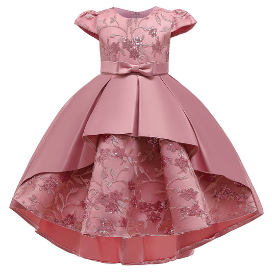 Navy Blue Satin Flower Girl Dress with Ruffles and Floral Accents