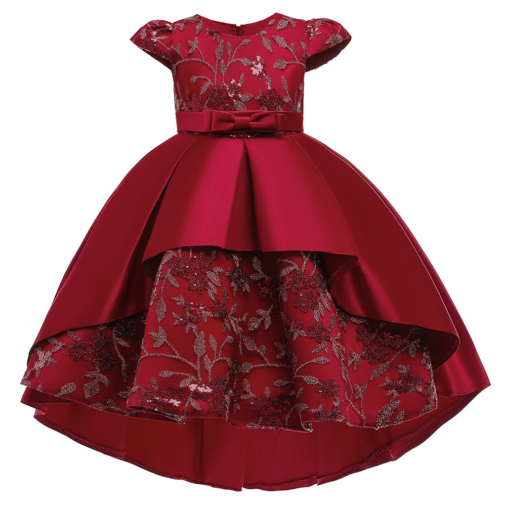 Navy Blue Satin Flower Girl Dress with Ruffles and Floral Accents