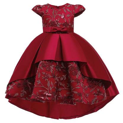 Navy Blue Satin Flower Girl Dress with Ruffles and Floral Accents