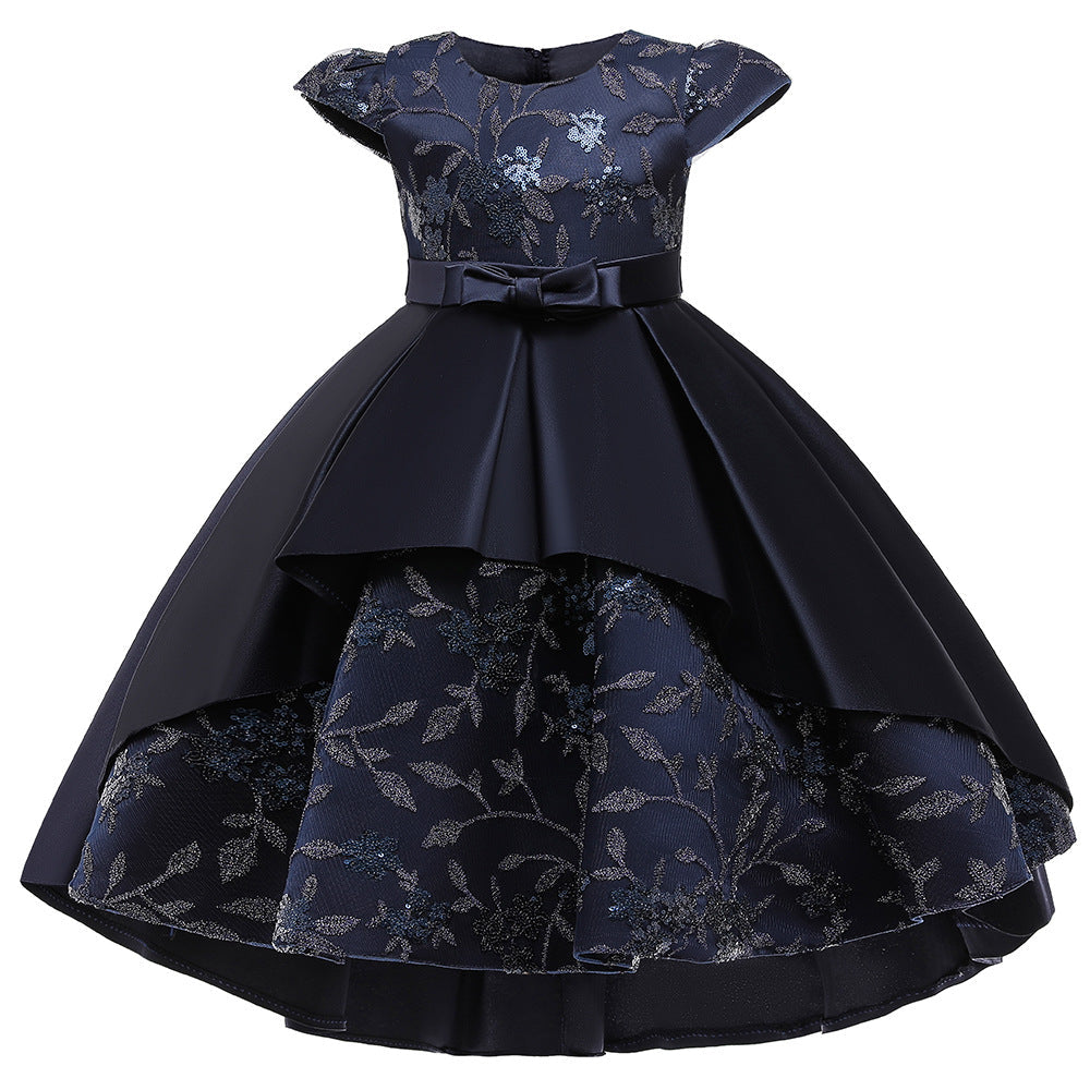 Navy Blue Satin Flower Girl Dress with Ruffles and Floral Accents