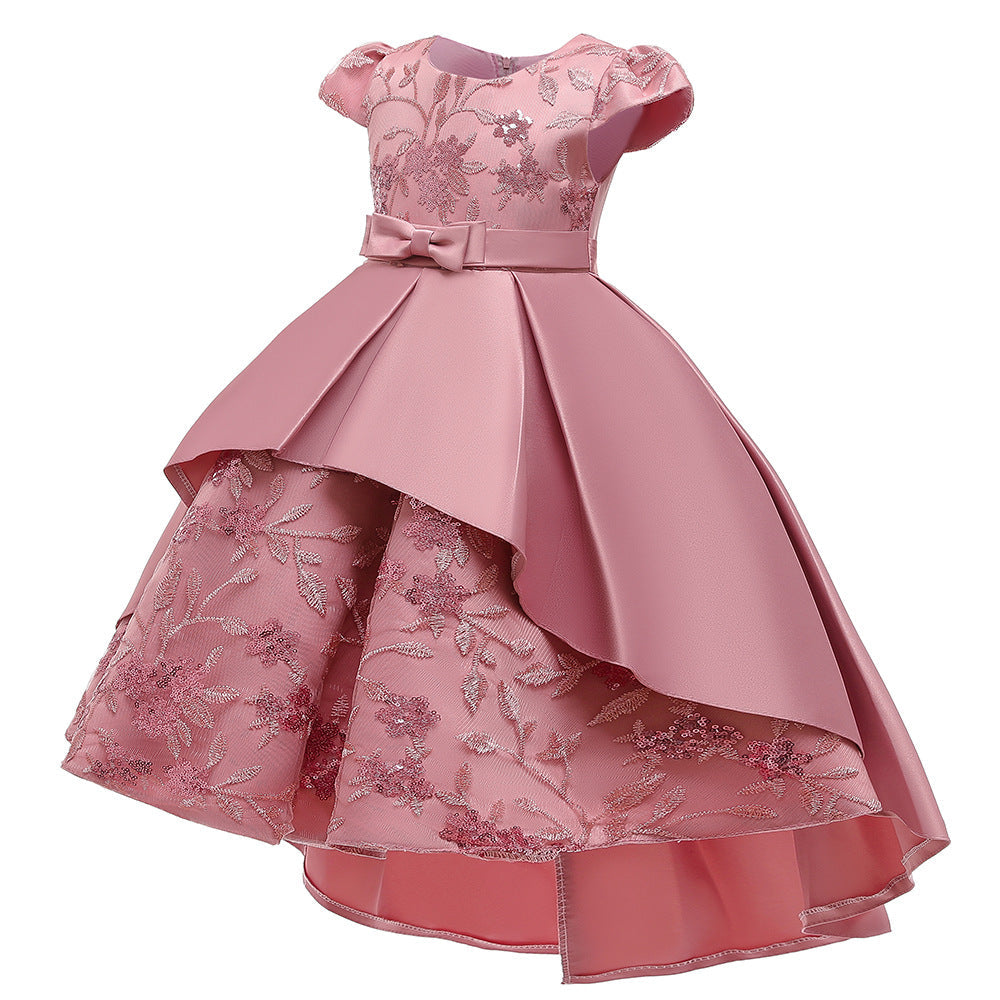 Navy Blue Satin Flower Girl Dress with Ruffles and Floral Accents