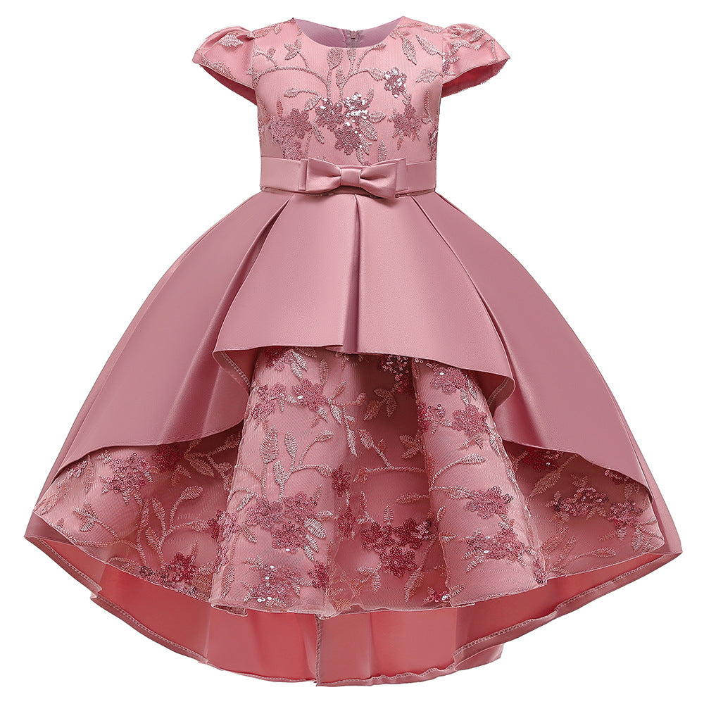 Navy Blue Satin Flower Girl Dress with Ruffles and Floral Accents