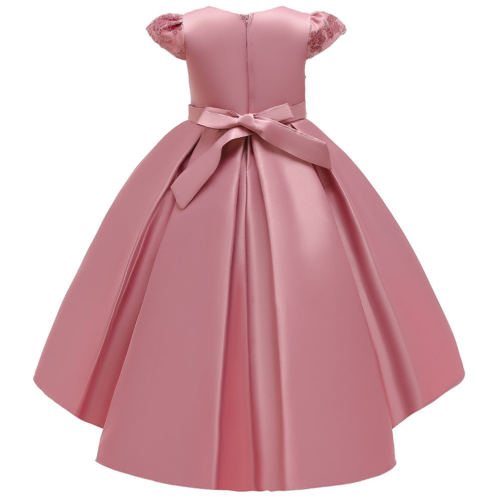 Navy Blue Satin Flower Girl Dress with Ruffles and Floral Accents