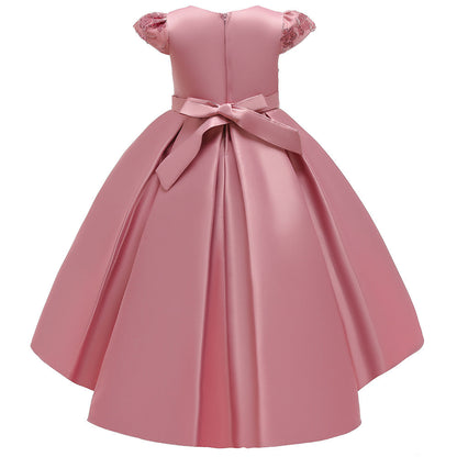 Navy Blue Satin Flower Girl Dress with Ruffles and Floral Accents