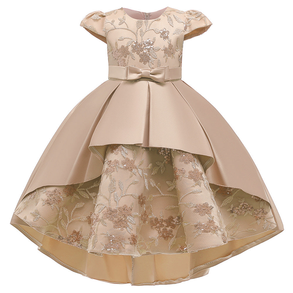 Navy Blue Satin Flower Girl Dress with Ruffles and Floral Accents