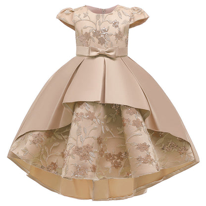 Navy Blue Satin Flower Girl Dress with Ruffles and Floral Accents