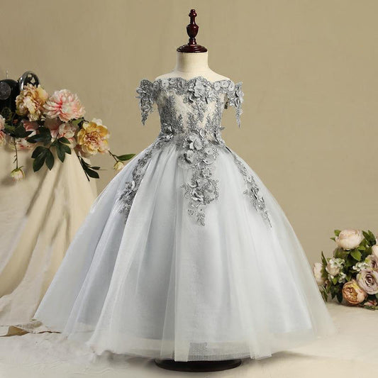 Off Shoulder Lace Tulle Flower Girl Dress | Floor Length