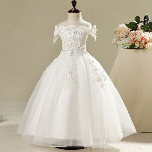 Off Shoulder Lace Tulle Flower Girl Dress | Floor Length