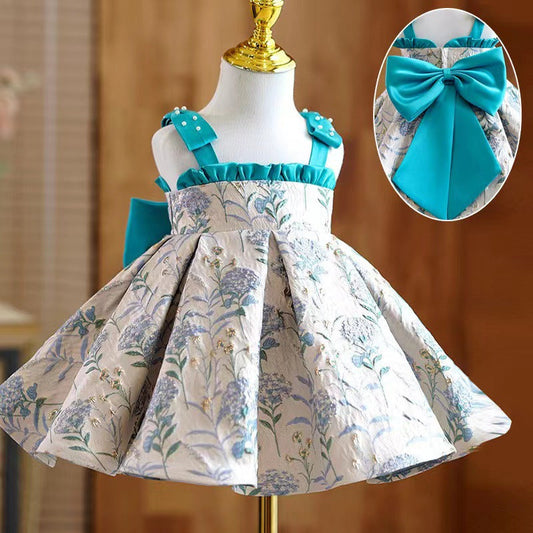 Off Shoulder Satin Ball Gown Dress for Girls with Floral Print and Bow