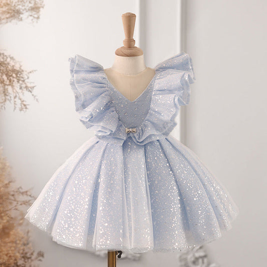 Blue One Shoulder Sequined Ball Gown for Girls – Floor Length Princess Dress