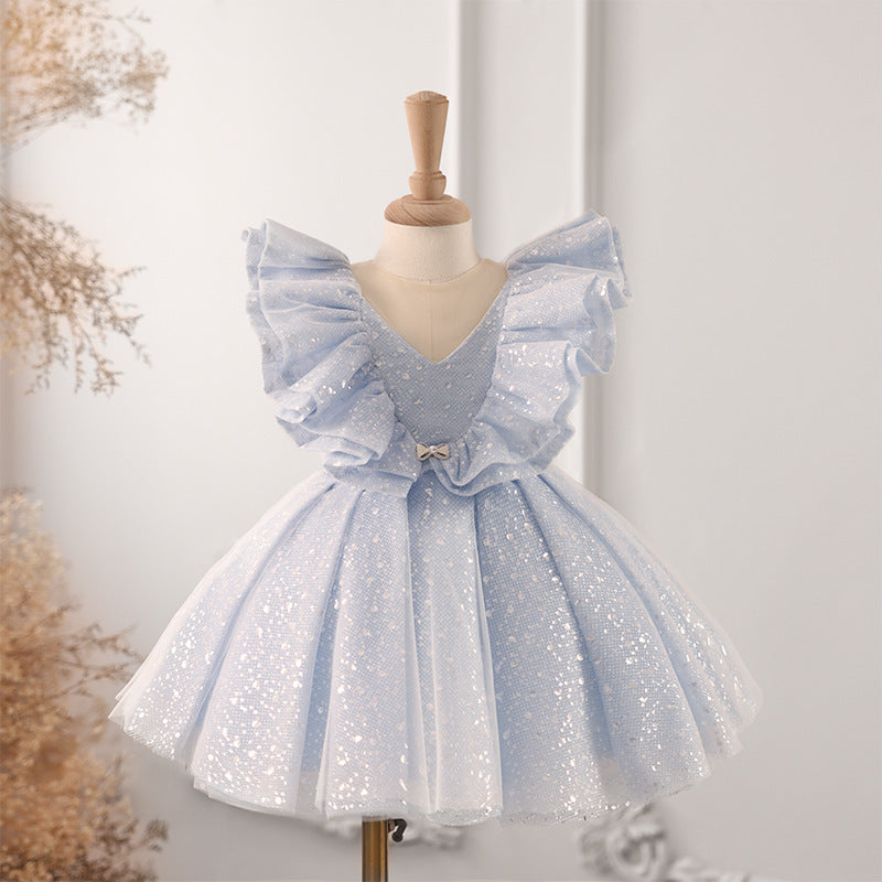 Blue One Shoulder Sequined Ball Gown for Girls – Floor Length Princess Dress