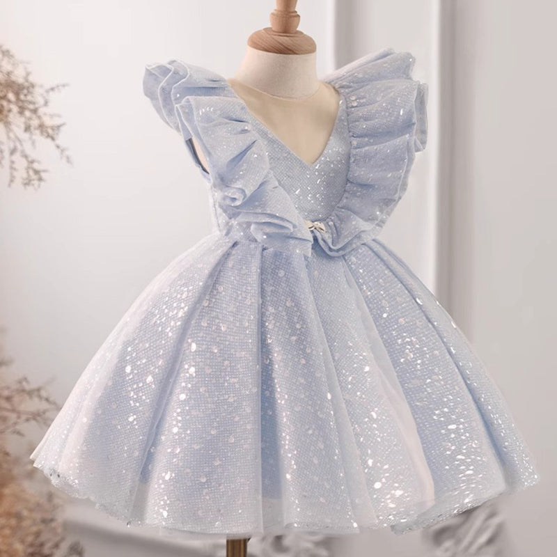 Blue One Shoulder Sequined Ball Gown for Girls – Floor Length Princess Dress