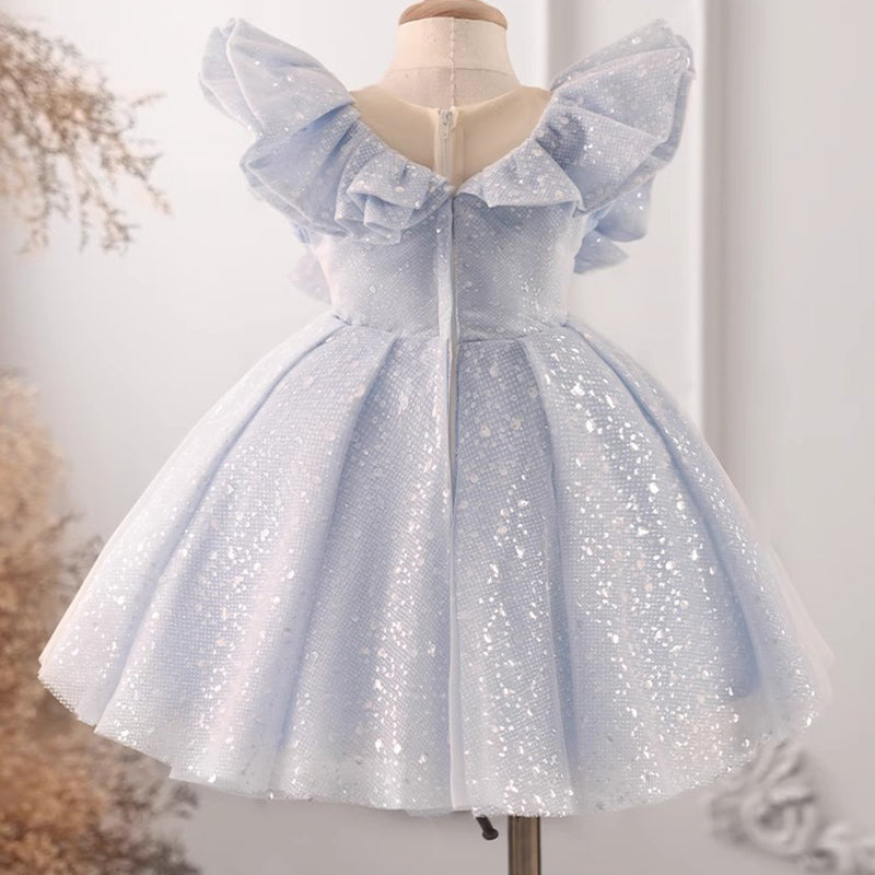 Blue One Shoulder Sequined Ball Gown for Girls – Floor Length Princess Dress
