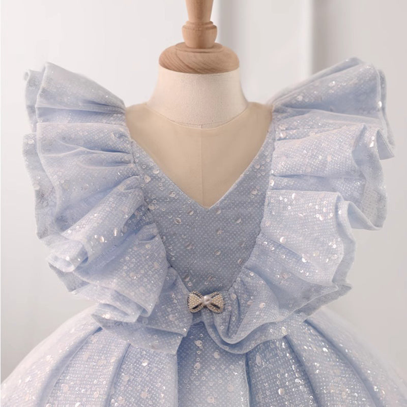 Blue One Shoulder Sequined Ball Gown for Girls – Floor Length Princess Dress