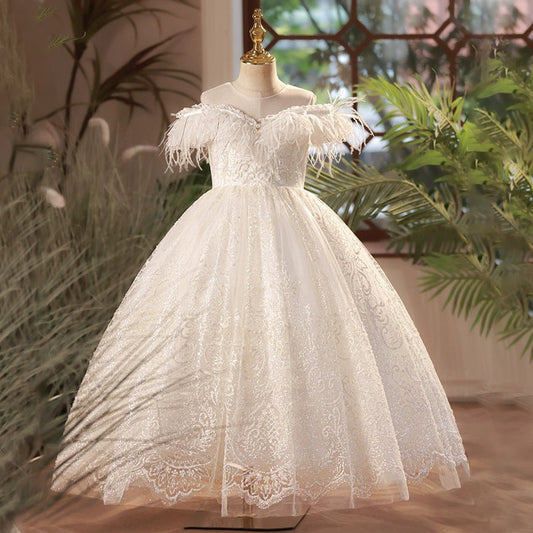 One Shoulder Tassel Princess Dress – White Floor-Length Lace Gown for Girls