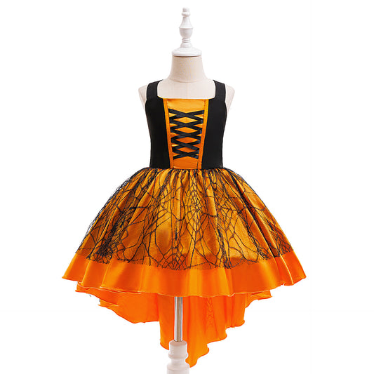 Orange A-Line Satin Tea Length Dress for Girls – Sleeveless Holiday & Party Dress