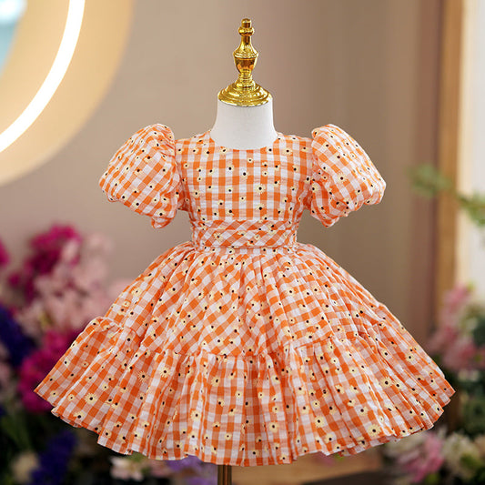 Orange Polyester Princess Flower Girl Dress Flower Puff Sleeve